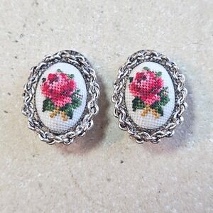 Vintage Petit Point Rose Needlepoint Clip On Earrings Silver Tone Oval Floral